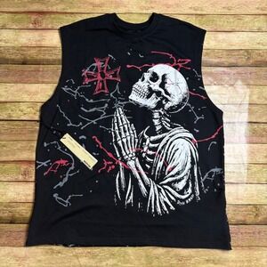 Reason Brand Mens Black Praying Skeleton Graphic Muscle Tee Tank Top Size M NEW